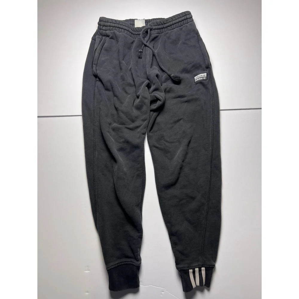 Adidas Joggers Mens Large Black Double Trefoil Logo Tapered Sweatpants 0850